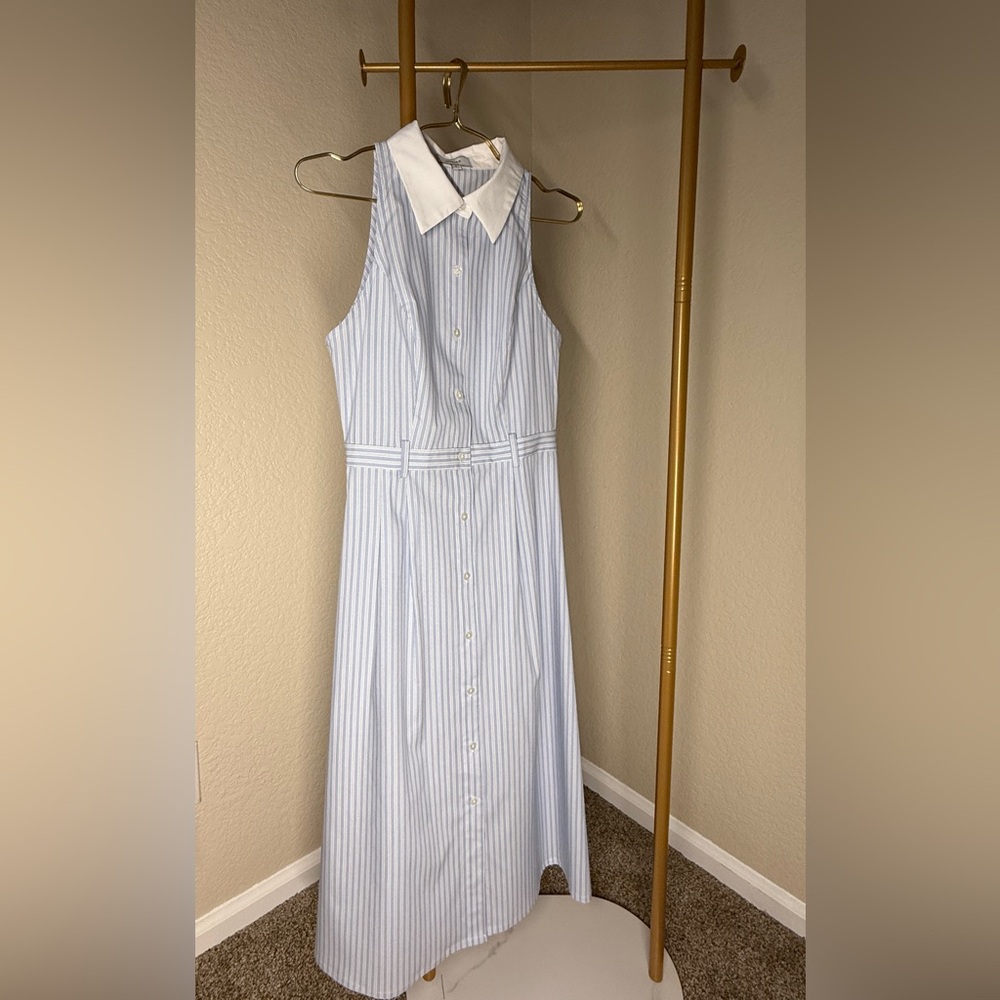 RIHOAS Blue Striped Midi Dress with White Collar